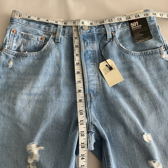 Levi’s Premium 501 Straight Leg Crop Button Fly Distressed Jeans Blue 31 - Picture 6 of 13